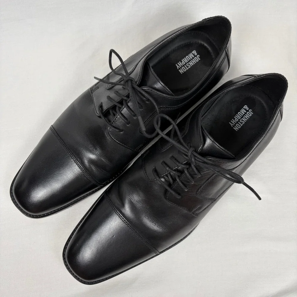 Johnston‎ & Murphy Dress Shoes 12M Black Leather Cap Toe Oxford Formal Business
